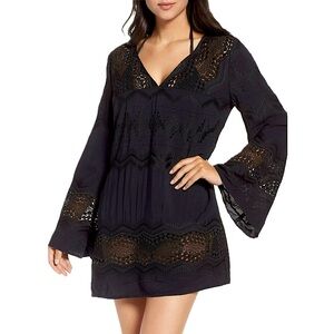 La Blanca Embroidered Lace Cover up Tunic Dress Size XS Black Long Bell Sleeve